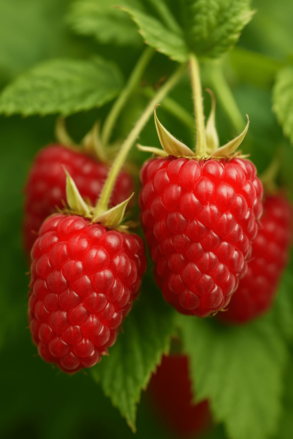Makroaufnahme reifer, roter Himbeeren der Sorte 'Willamette' an grünen Stielen mit unscharfem Laubhintergrund.