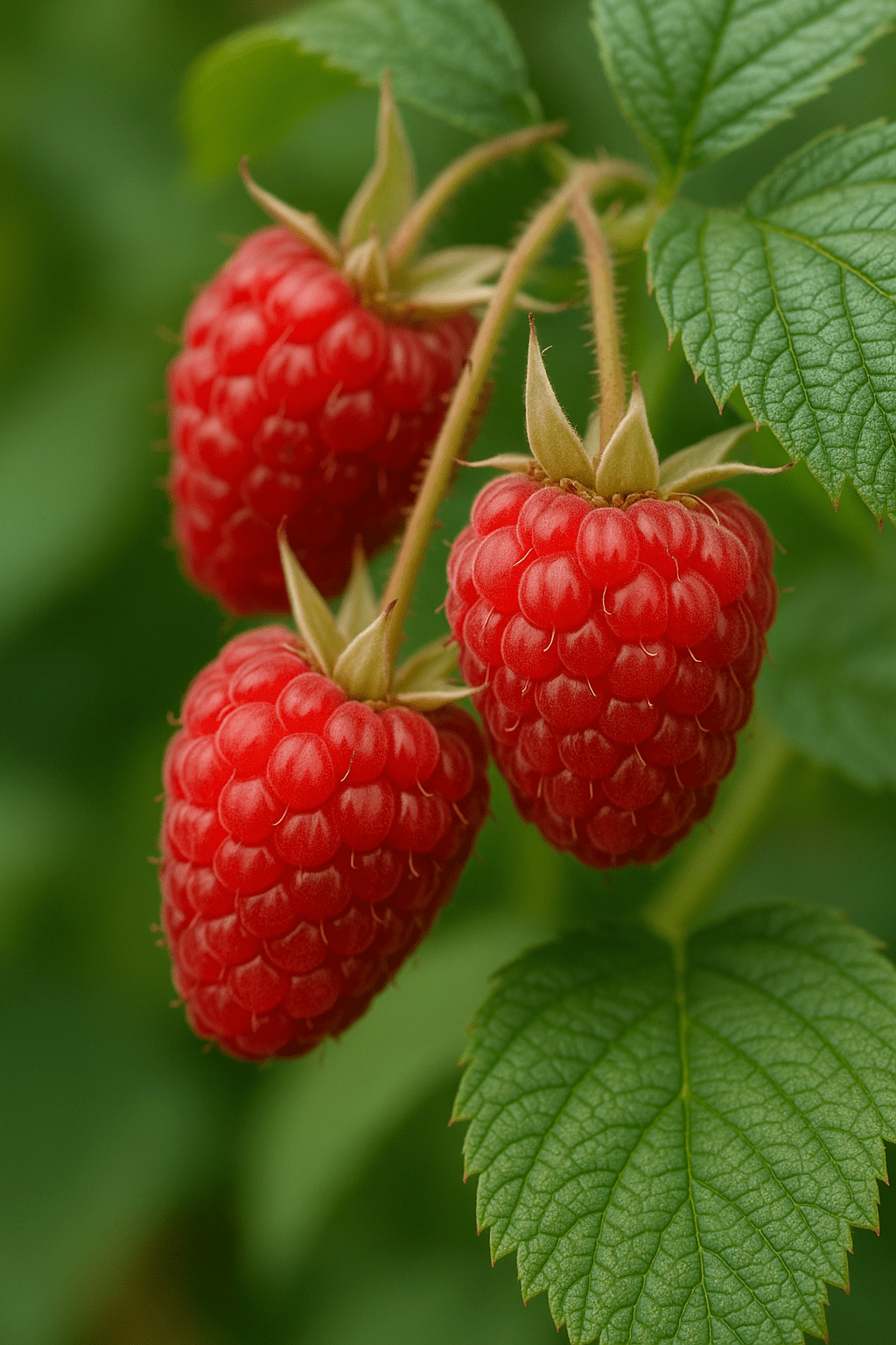 Makroaufnahme reifer, roter Herbsthimbeeren der Sorte 'Autumn Bliss' mit grünen Blättern im Hintergrund.